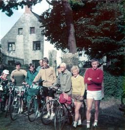 Carl saved the day by lending his camera for this group photo at the gates of Exford youth hostel.  From the left Carl, Robert, John, Colin, Michael, Antony, Frank, Jean and Don